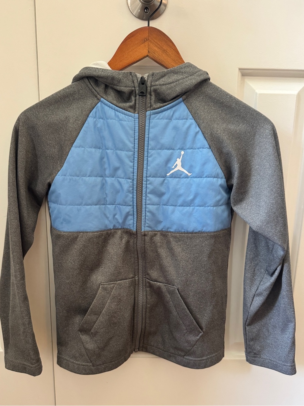 Jordan Kids Gray Hooded Puffer Jacket with Light Blue Chest